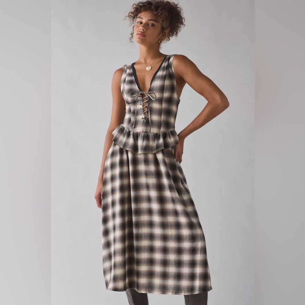 UO Perfectly Plaid Lace-Up Ruffle Midi Dress